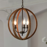 Industrial Loft Wooden Pendant Chandelier with 3 Spherical Lights - Brown, Ideal for Dining Room - This is a beautiful wooden spherical hanging fixture that is perfect for a loft industrial styled home. It comes in brown and has a rustic look to it.